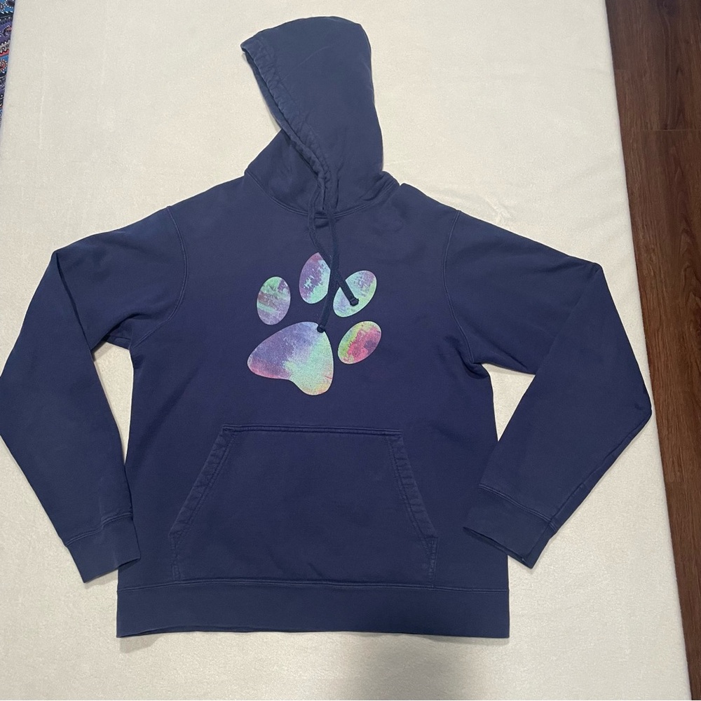 Port & Company hoodie, navy with multicolor paw print, unisex medium